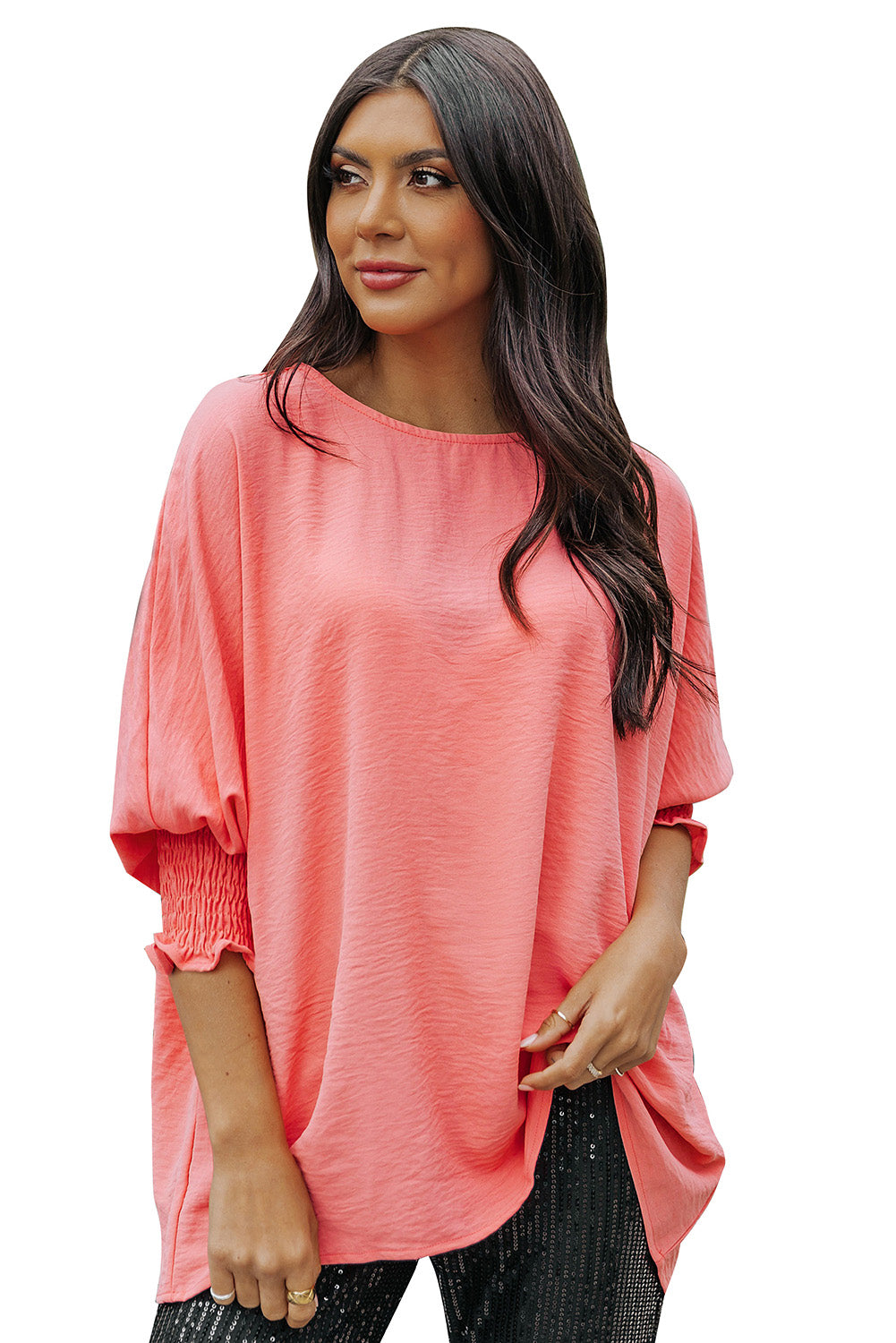 Rosy Solid Casual Smocked Cuffs Dolman Top