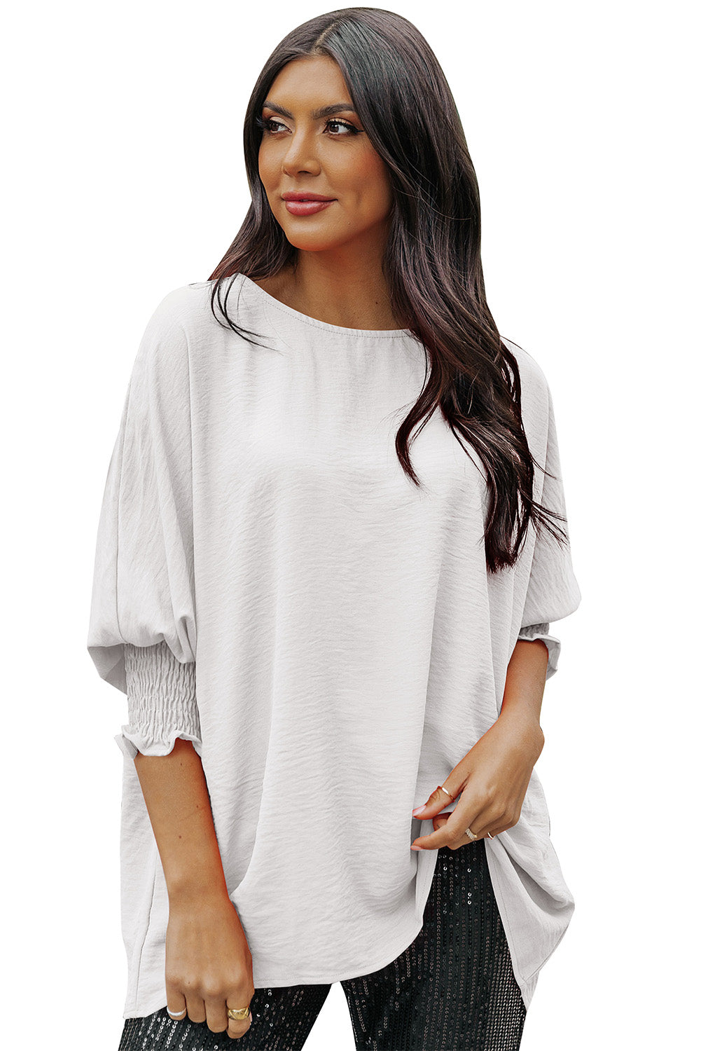 Rosy Solid Casual Smocked Cuffs Dolman Top