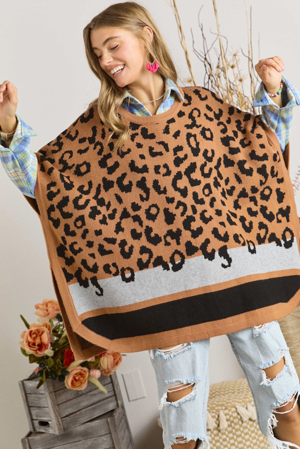 Leopard Print Colorblock Kimono Sleeve Shawl Sweater