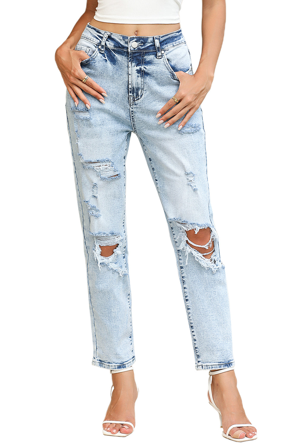 Sky Blue Light Wash Frayed Slim Fit High Waist Jeans