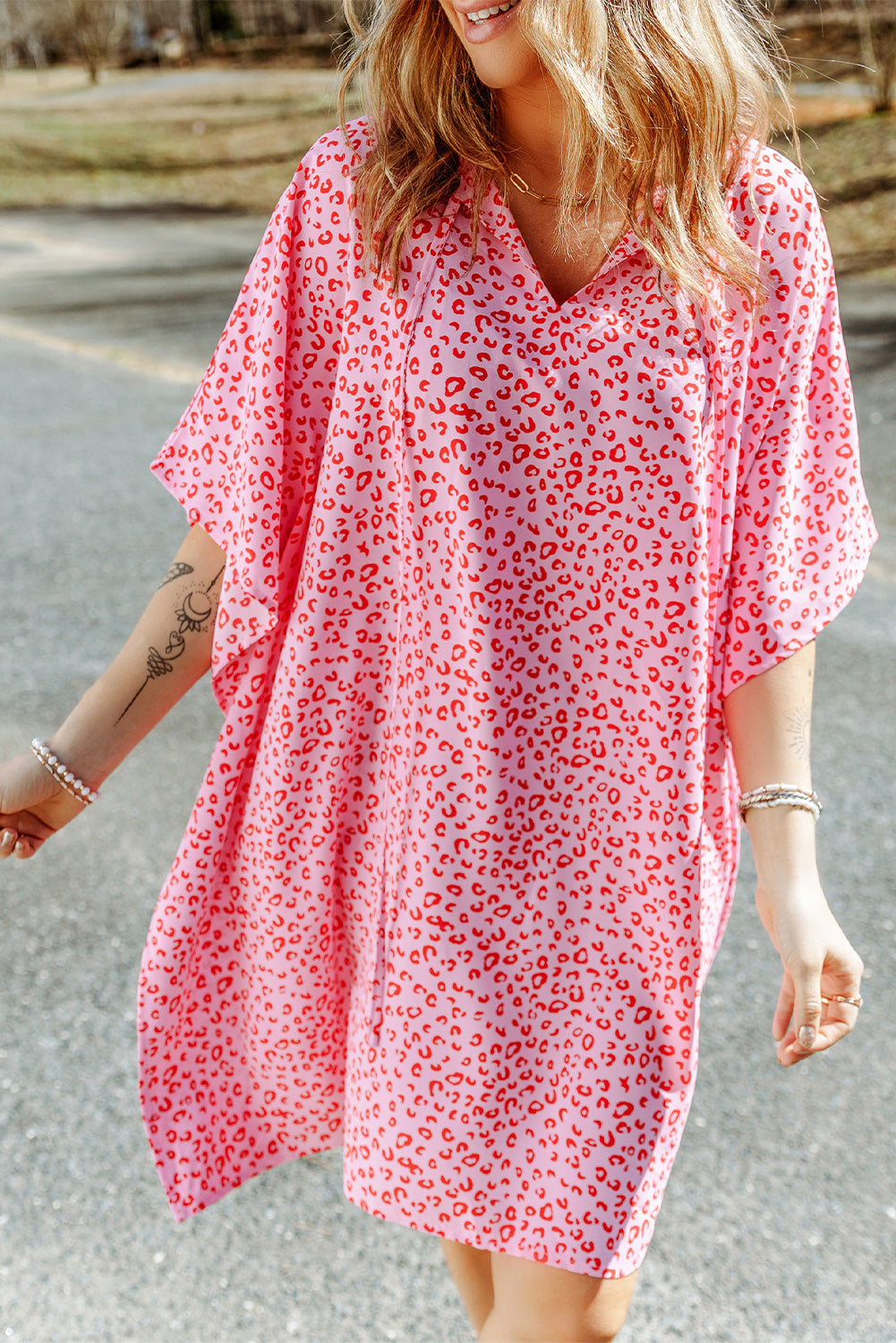 Pink Keyhole Short Sleeve Casual Leopard Print Dress