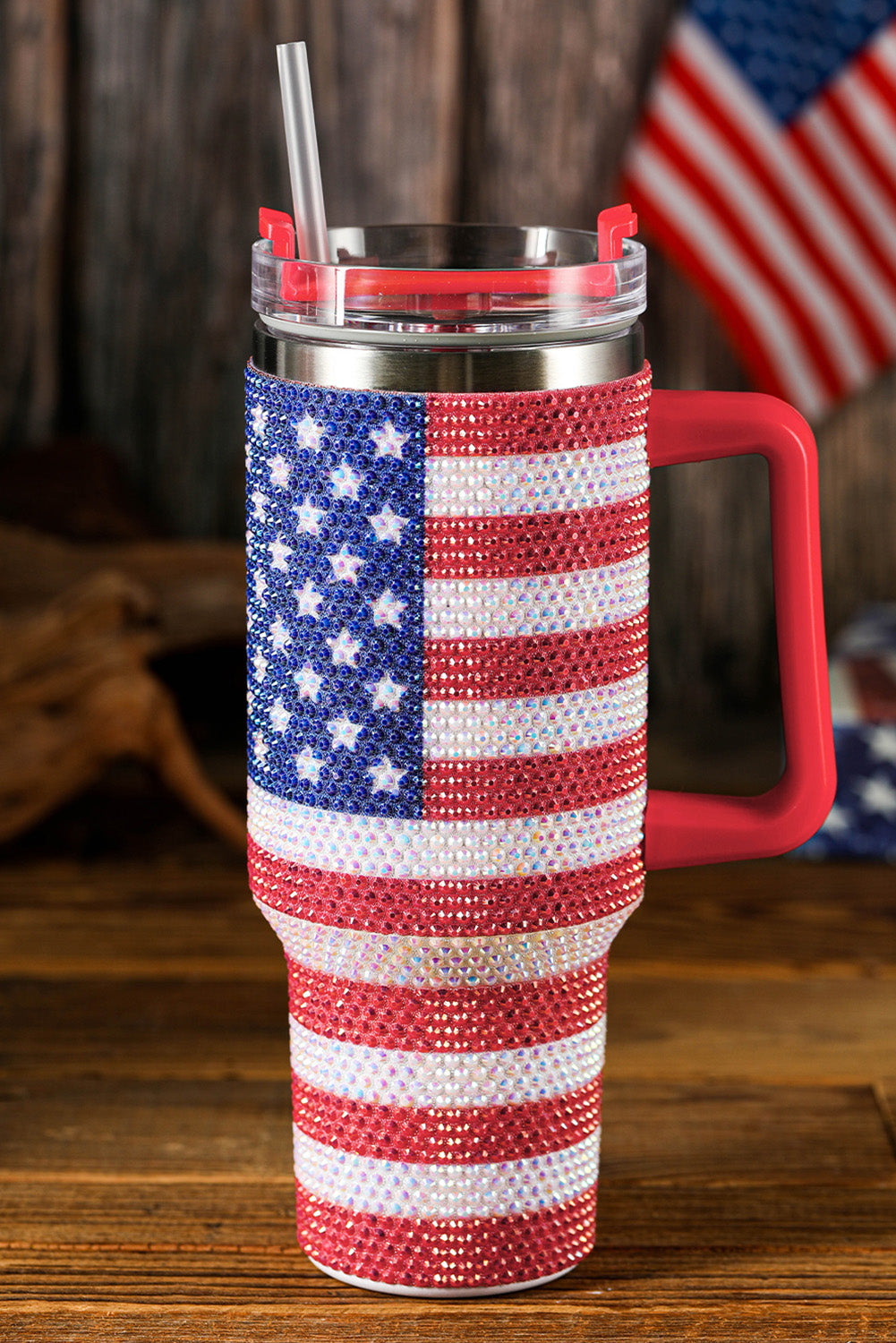 Red Rhinestone American Flag Print Handle 40oz Thermos Tumbler