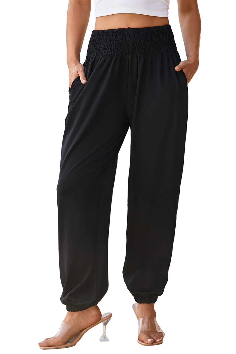 Black Pocketed Smocked High Waist Joggers