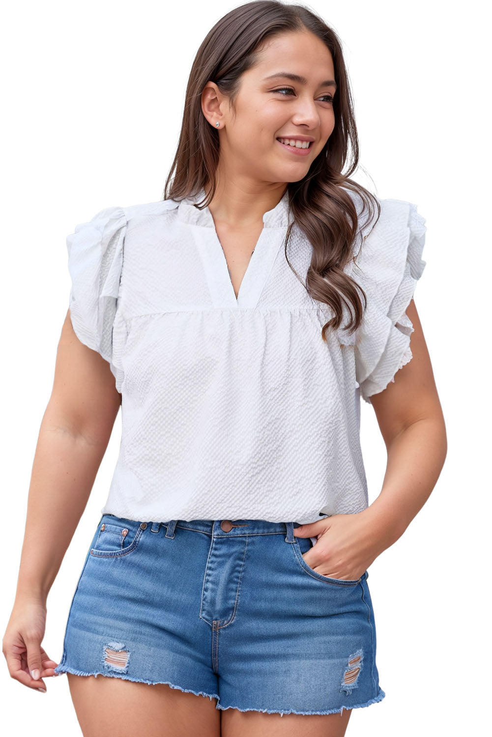 White Textured Ruffle Flutter Sleeve Plus Size Blouse