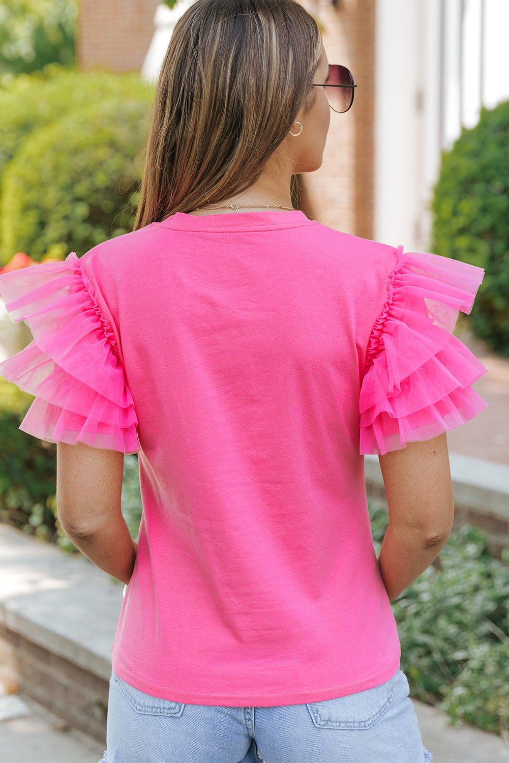 Pink Plain Round Neck Tulle Ruffle Sleeve Blouse