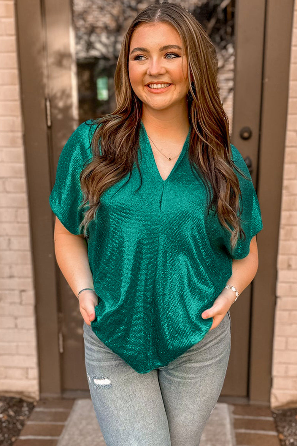 Skobeloff Solid Color Satin Plus Size V Neck Tee