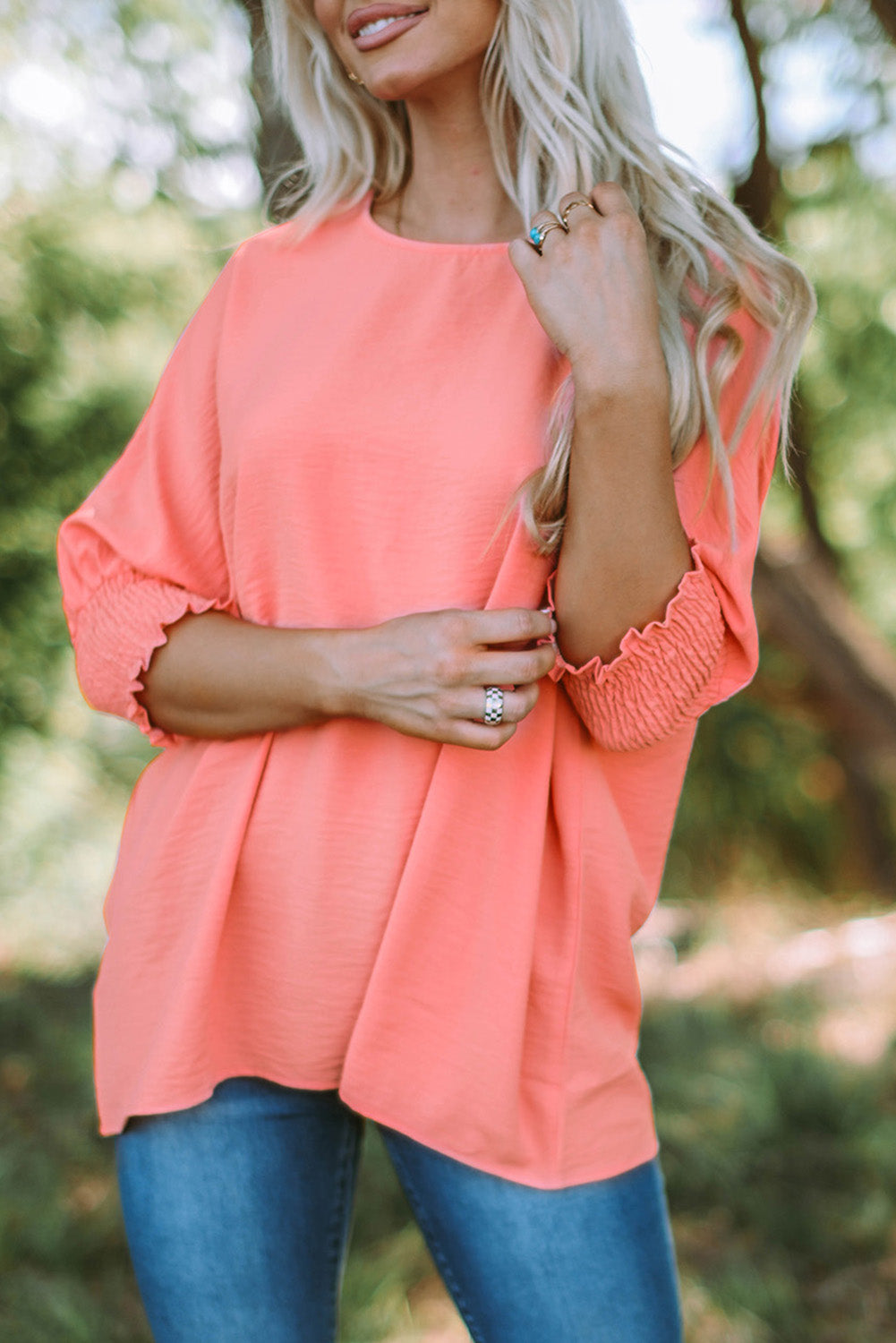 Rosy Solid Casual Smocked Cuffs Dolman Top