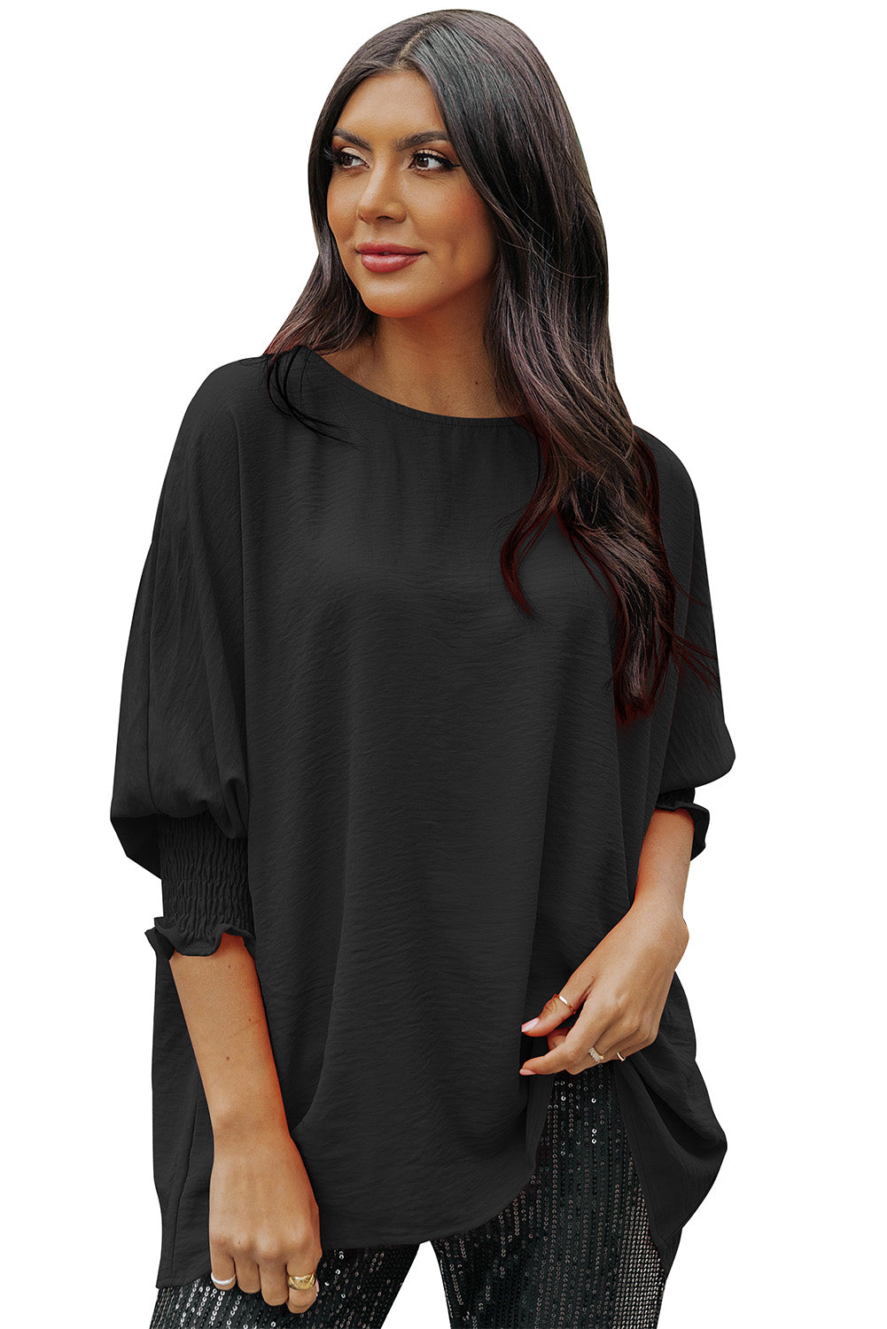 Rosy Solid Casual Smocked Cuffs Dolman Top