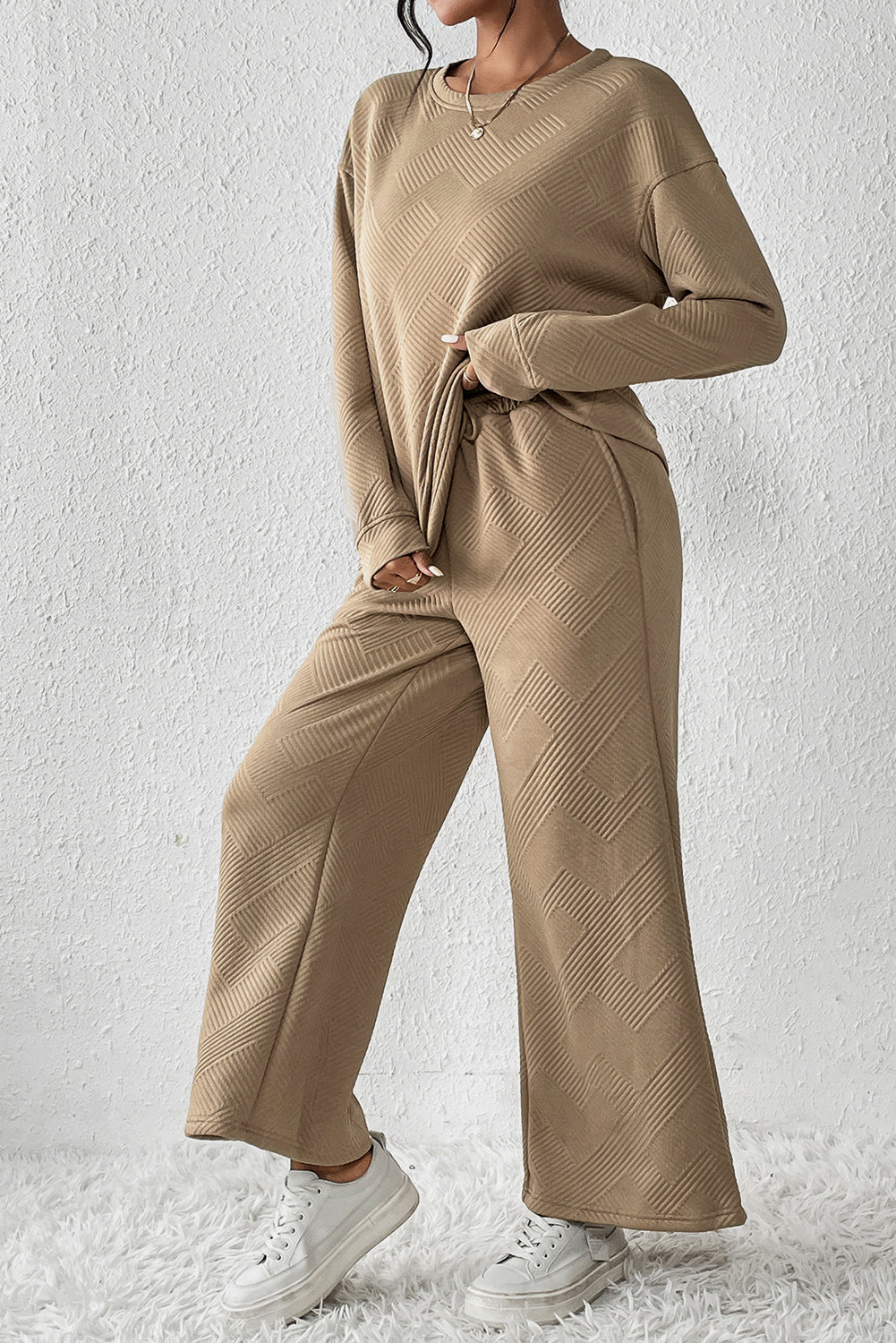 Beige Textured Loose Slouchy Long Sleeve Top and Pants Set