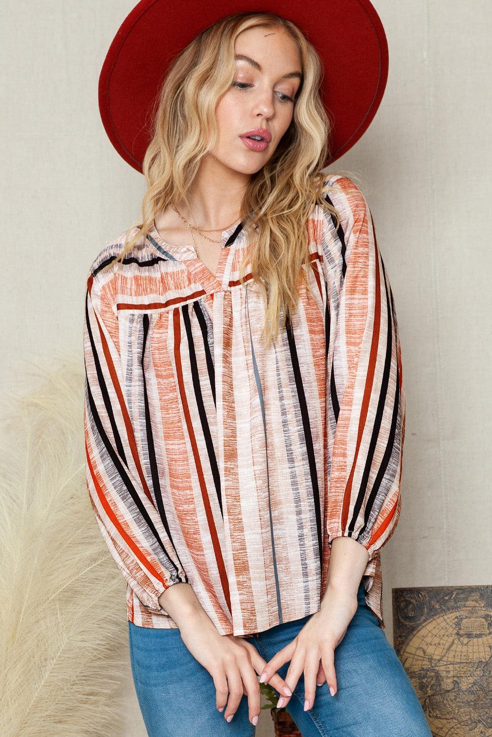 Multicolor Striped V Neck 3/4 Sleeve Blouse