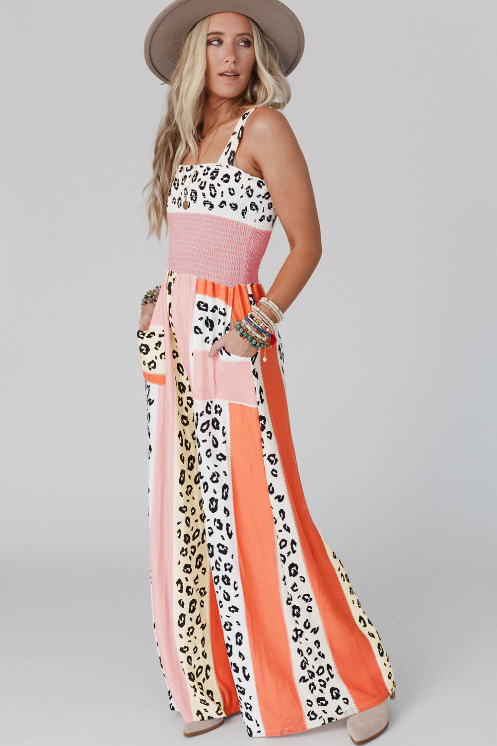 Red Leopard Color Block Mix Print Straps Jumpsuit