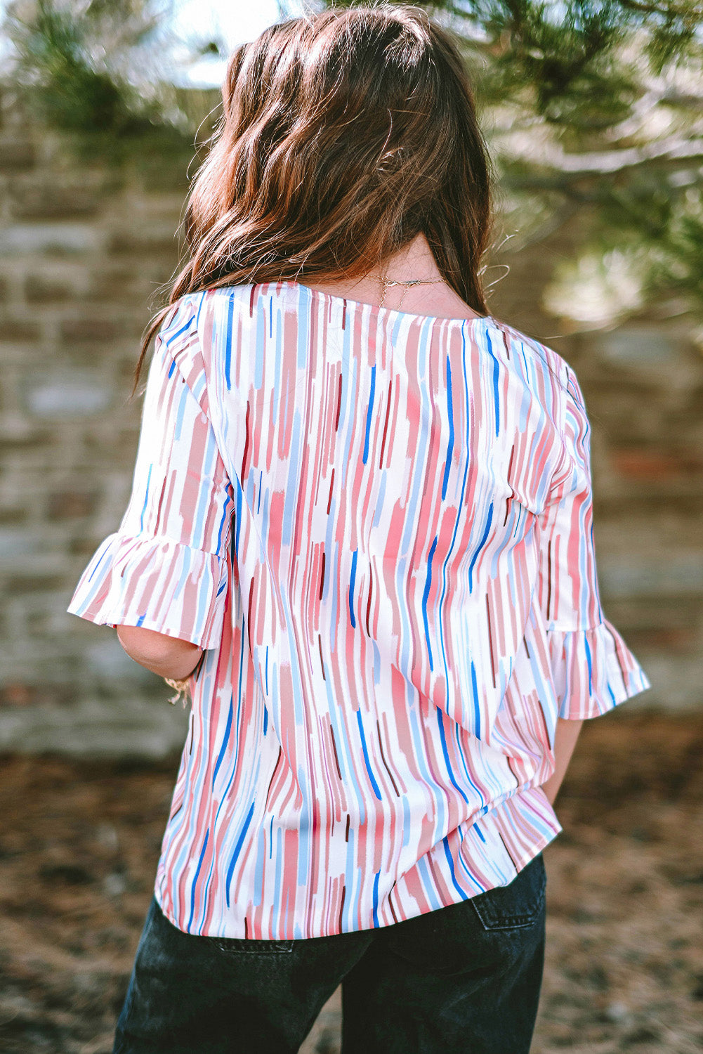 White Abstract Print Ruffle Half Sleeve Blouse