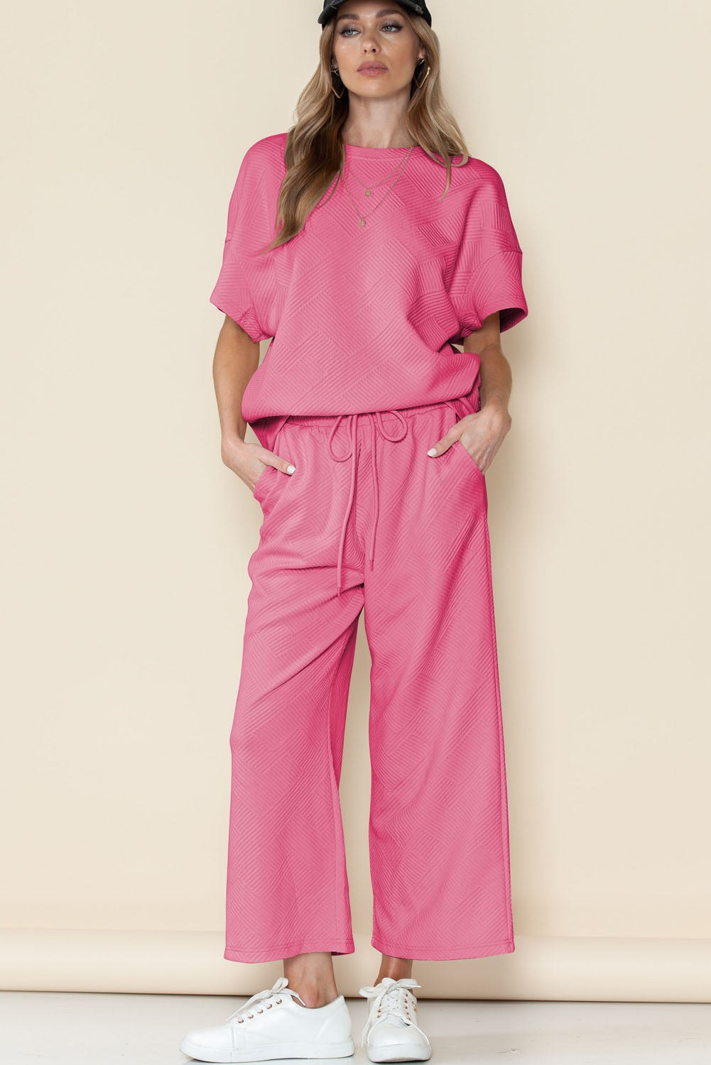 Strawberry Pink Textured Loose Fit T Shirt & Drawstring Pants Set