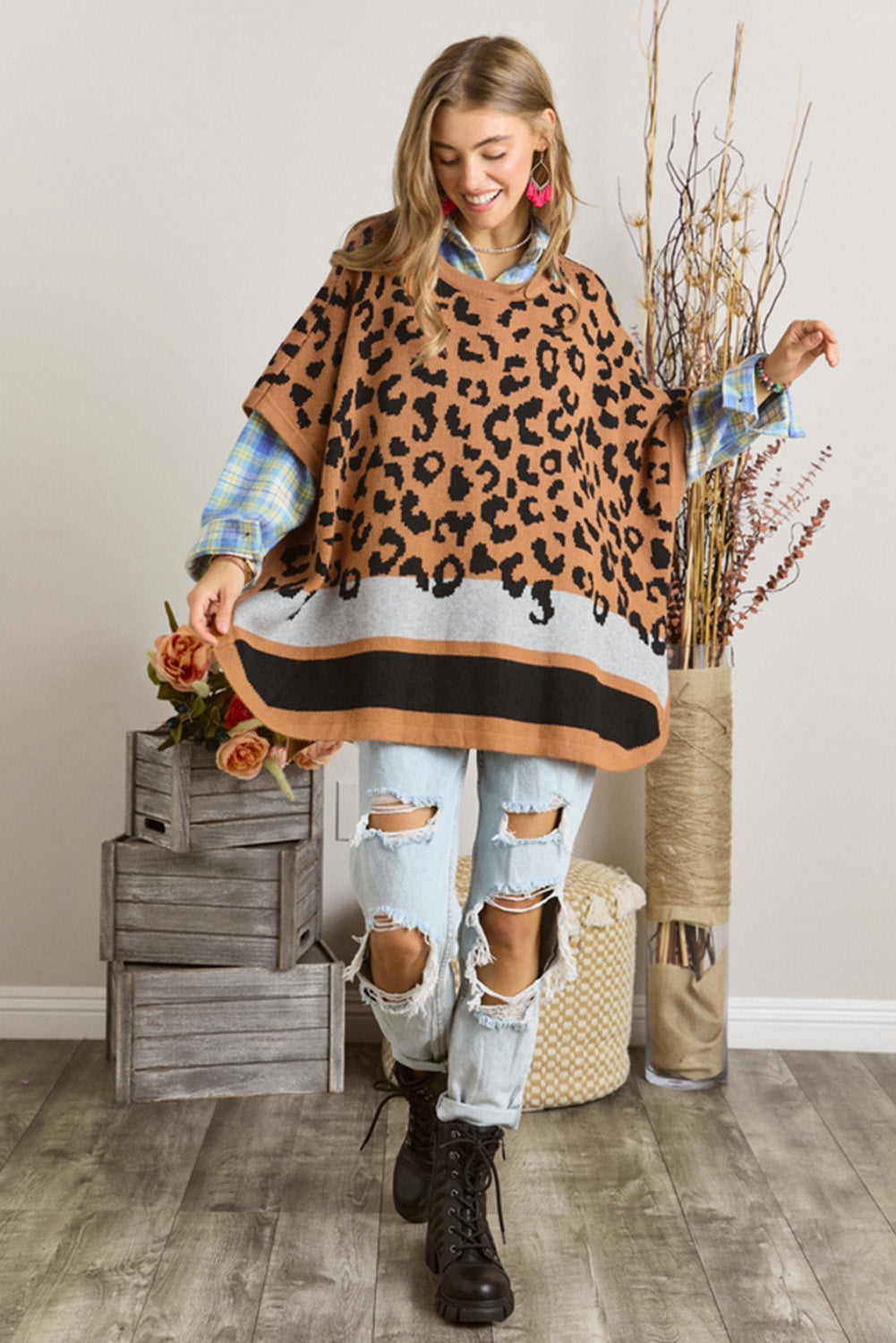 Leopard Print Colorblock Kimono Sleeve Shawl Sweater