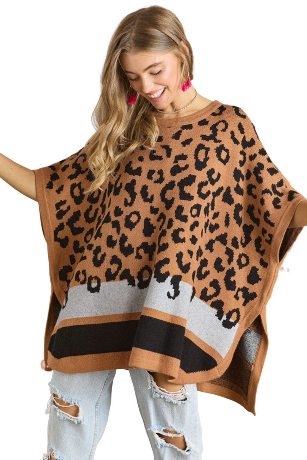 Leopard Print Colorblock Kimono Sleeve Shawl Sweater