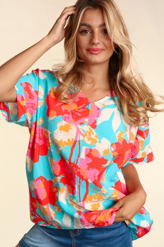 PLUS DROP SHOULDER DOLMAN BANDED FLORAL WOVEN TOP