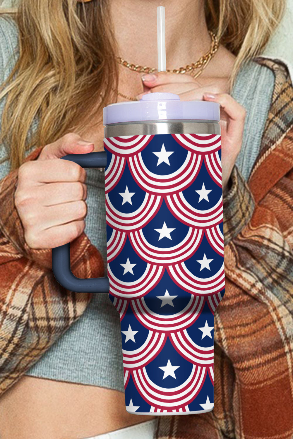 Bluing Stars and Stripes Print Thermos Tumbler with Handle 1200ml