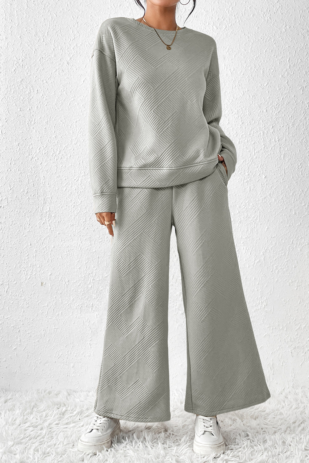 Beige Textured Loose Slouchy Long Sleeve Top and Pants Set