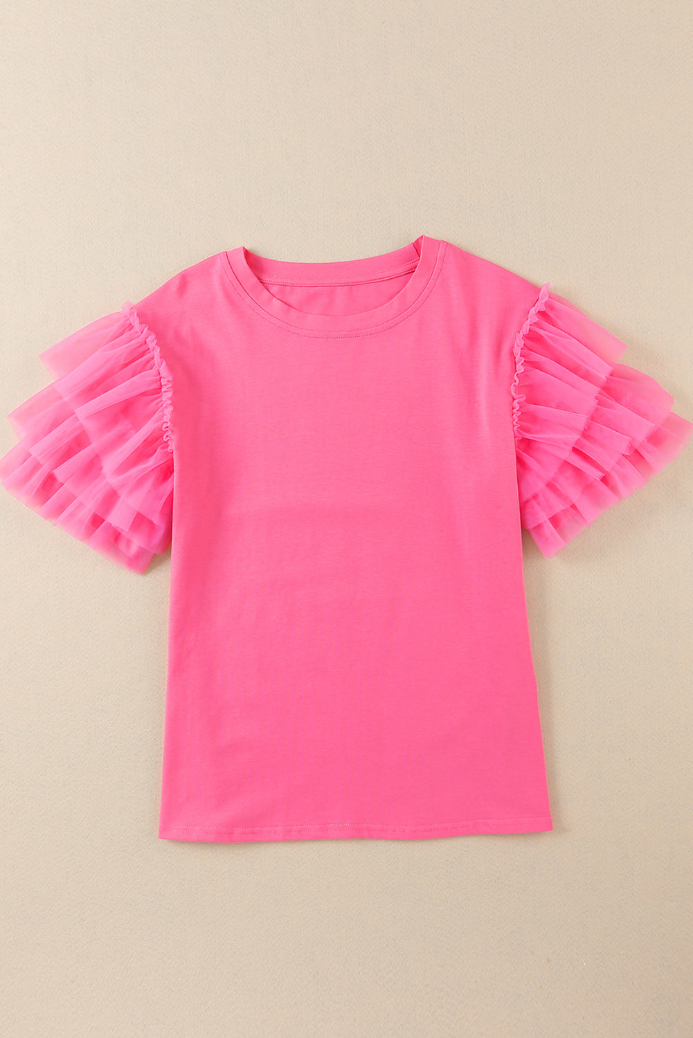 Pink Plain Round Neck Tulle Ruffle Sleeve Blouse