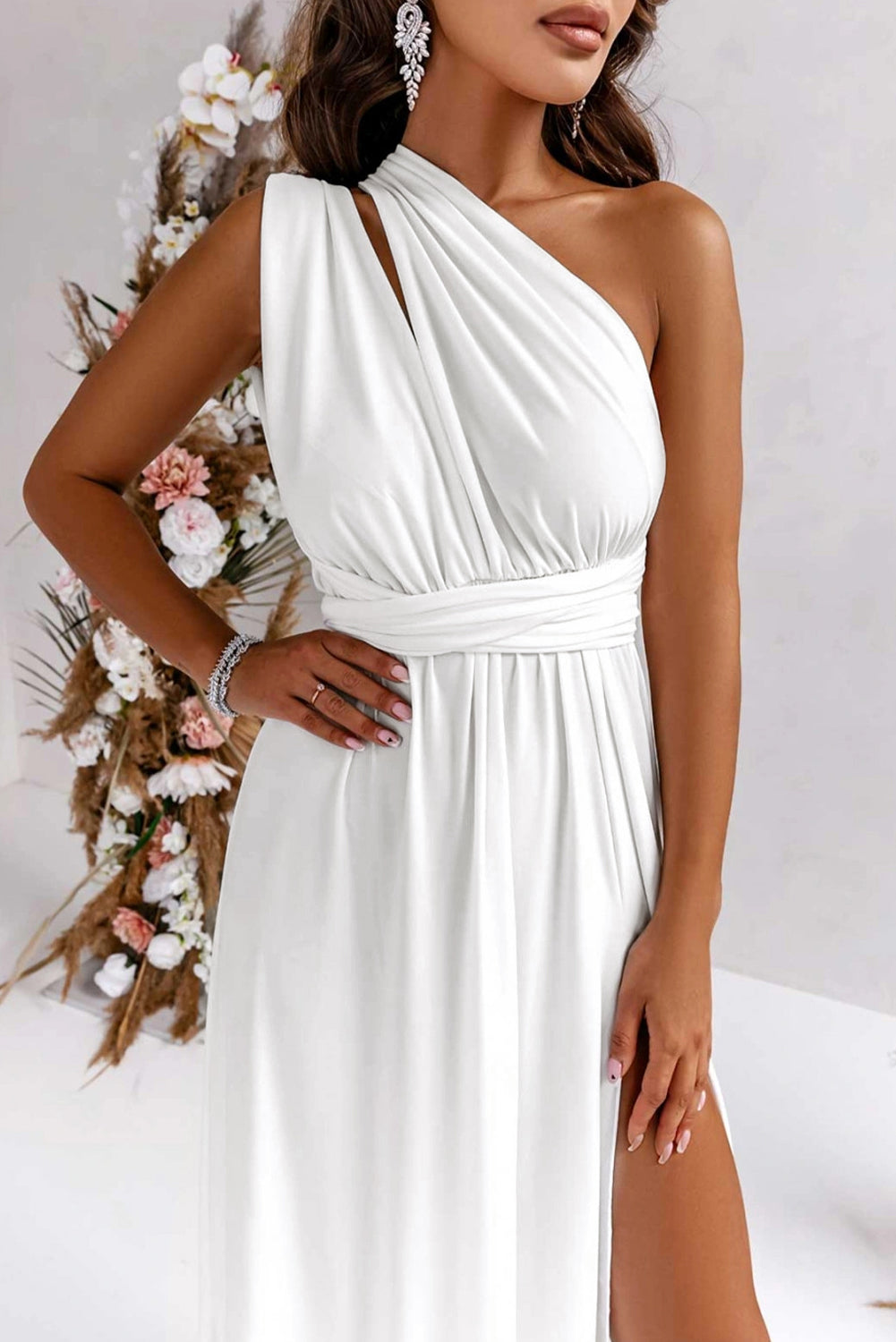 Wholesale White Ruched High Split Cutout Back Sleeveless Maxi Wrap Dress