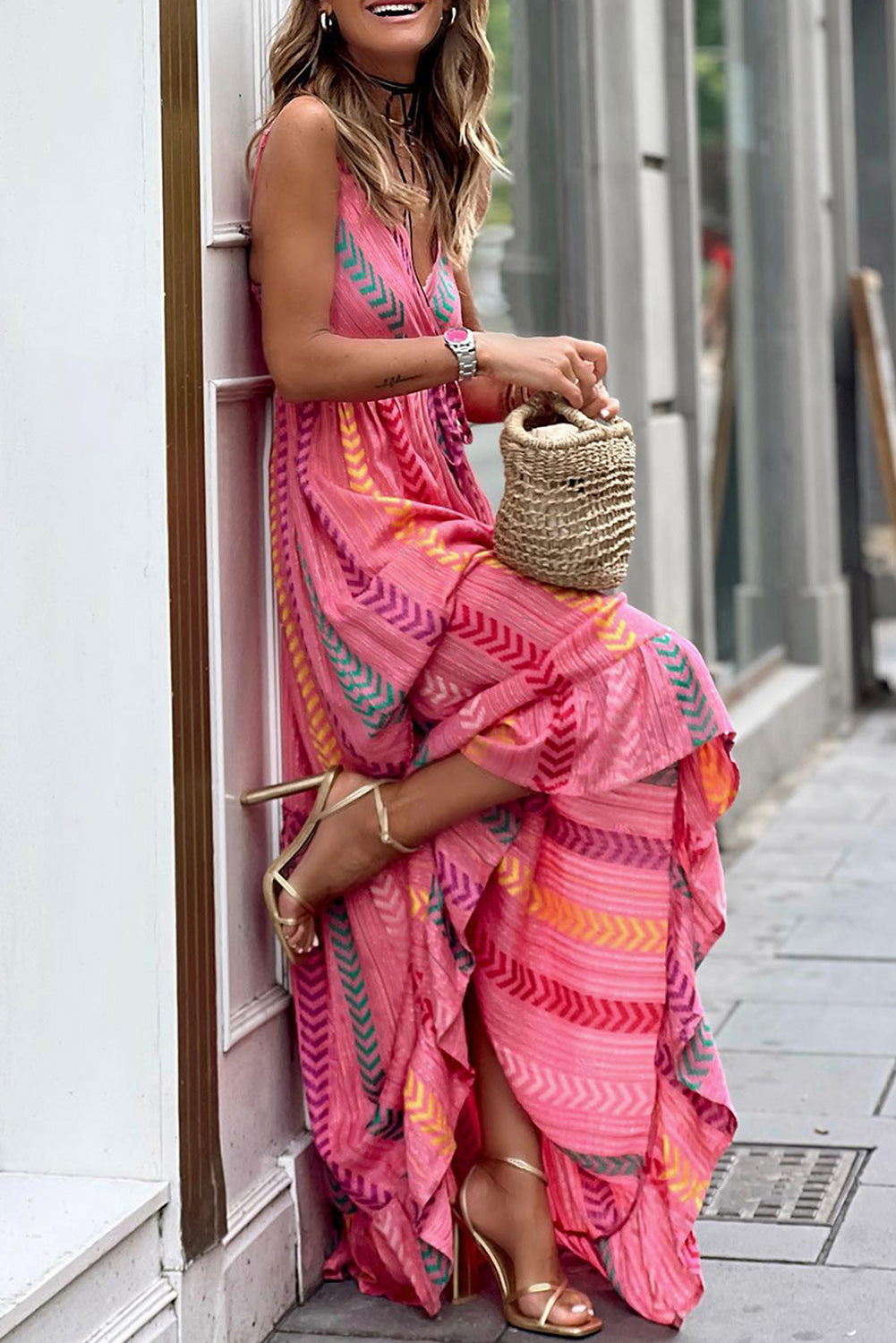 Wholesale Pink Boho Tassel Tie V Neck Wrapped Maxi Dress