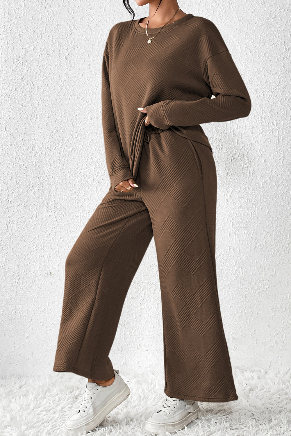 Beige Textured Loose Slouchy Long Sleeve Top and Pants Set