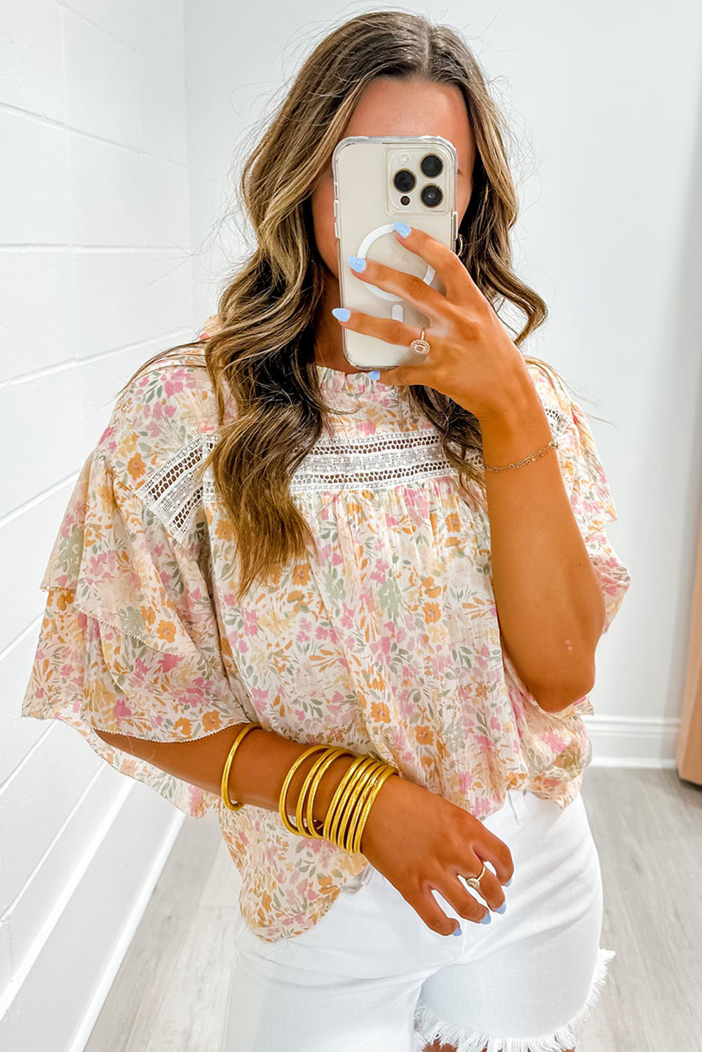 Multicolor Floral Print Wide Batwing Sleeves Blouse