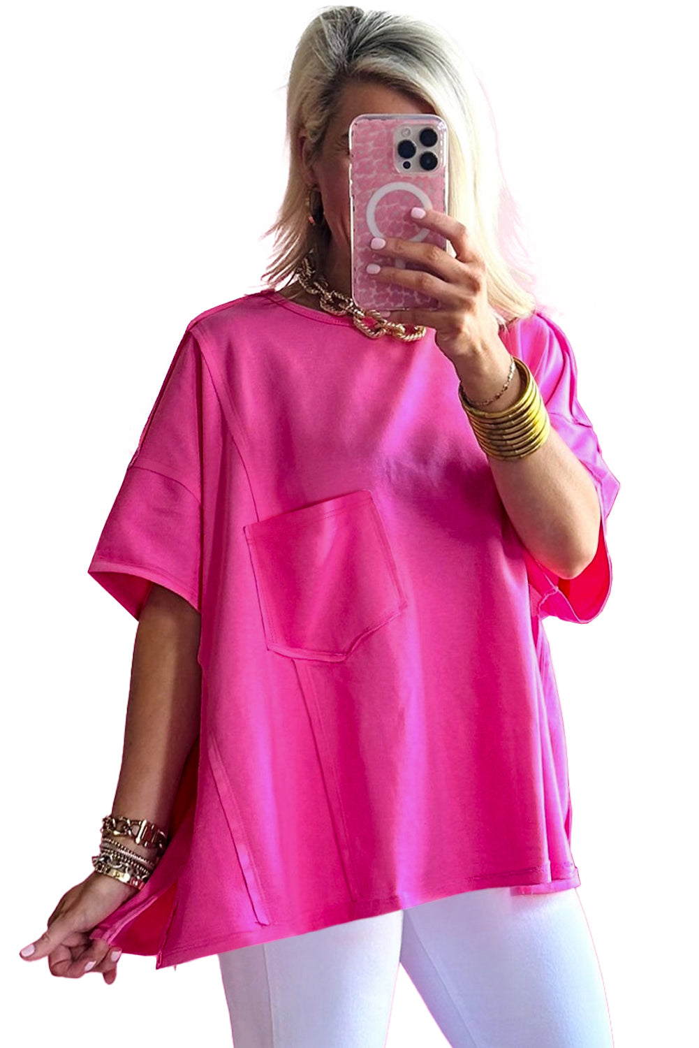 Bright Pink Patched Pocket Exposed Seam Oversize T-shirt