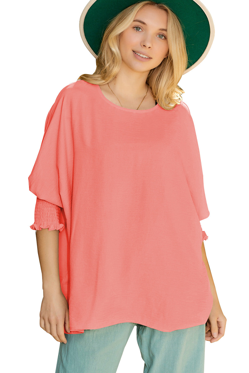 Rosy Solid Casual Smocked Cuffs Dolman Top