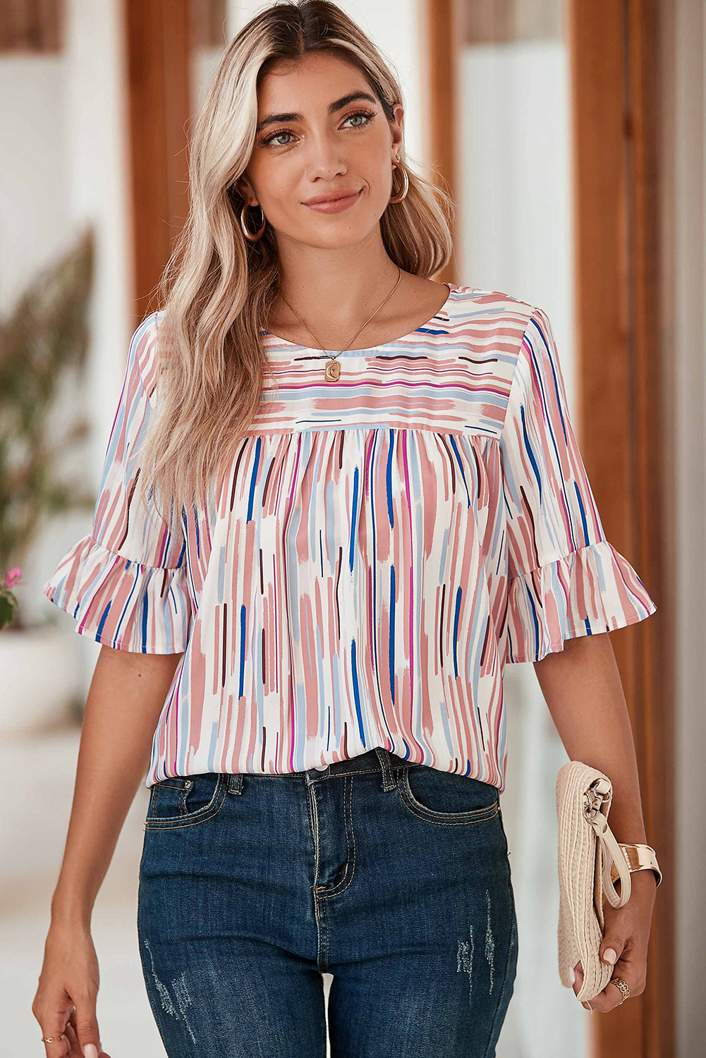 White Abstract Print Ruffle Half Sleeve Blouse