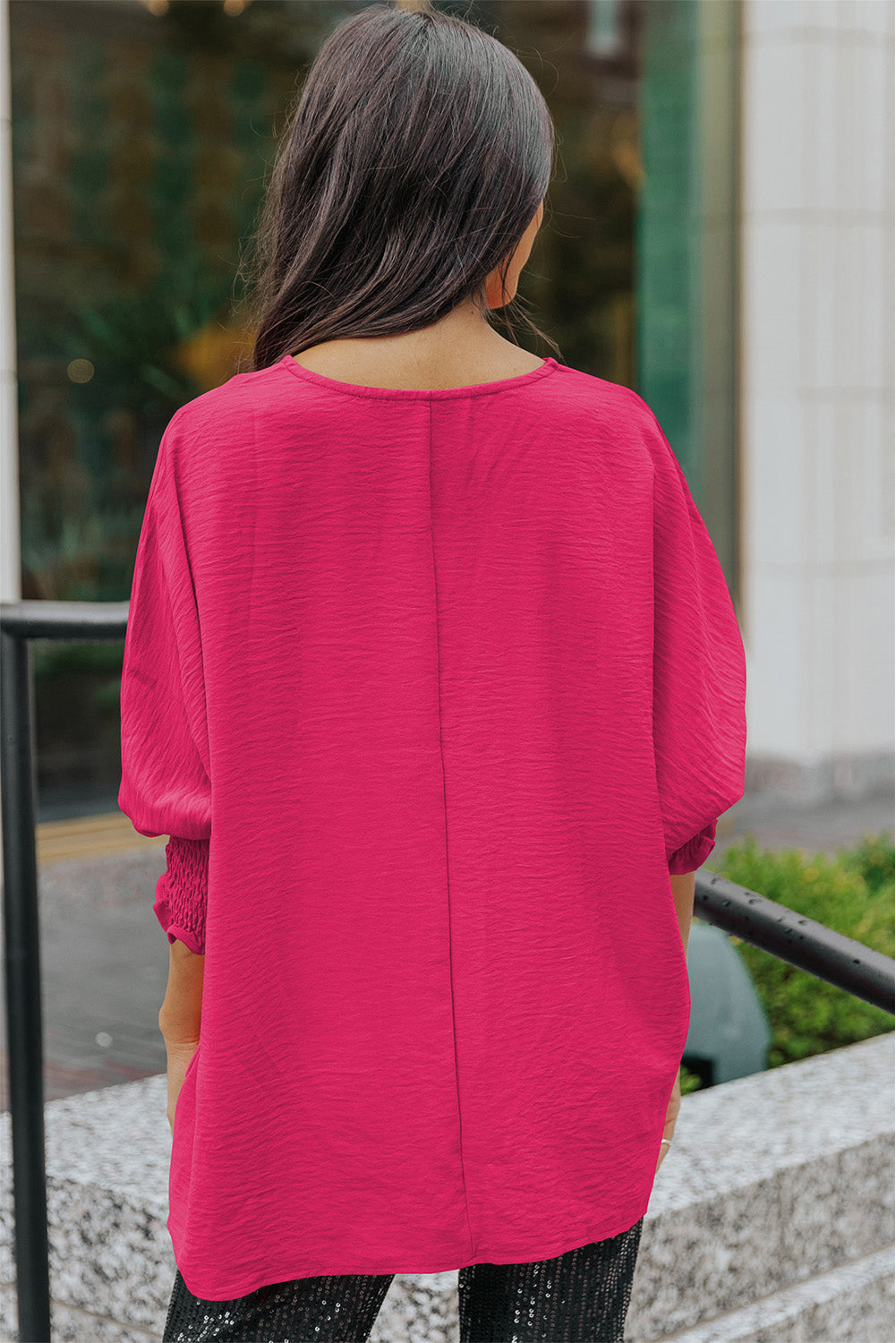 Rosy Solid Casual Smocked Cuffs Dolman Top