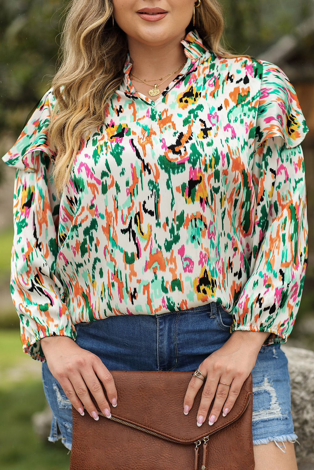 Multicolor Abstract Print Ruffled V Neck Plus Size Blouse