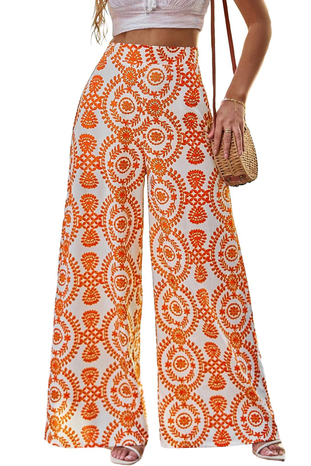 Orange Boho Retro Flower Print Wide Leg Pants