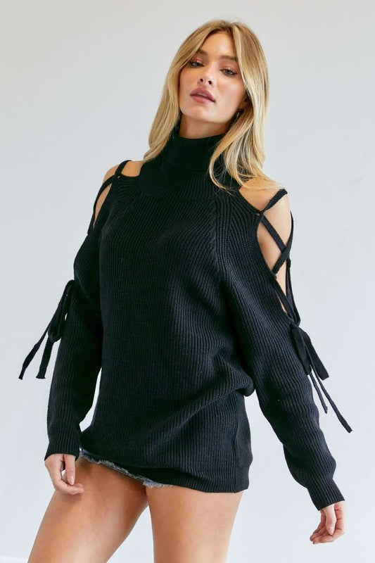 Solid Turtleneck Cutout Long Sleeve Sweater