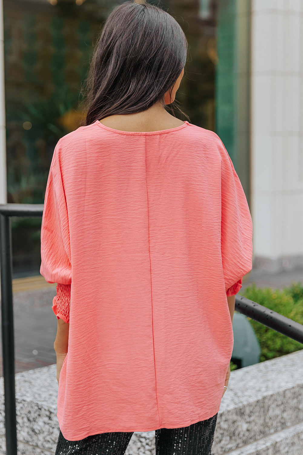 Rosy Solid Casual Smocked Cuffs Dolman Top