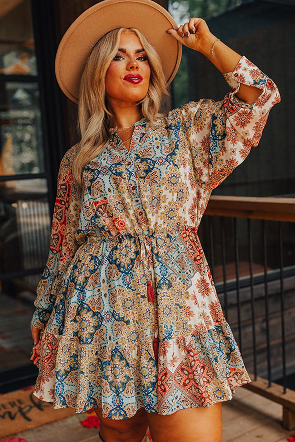 Brown Plus Size Floral Print Drawstring Waist Mini Dress