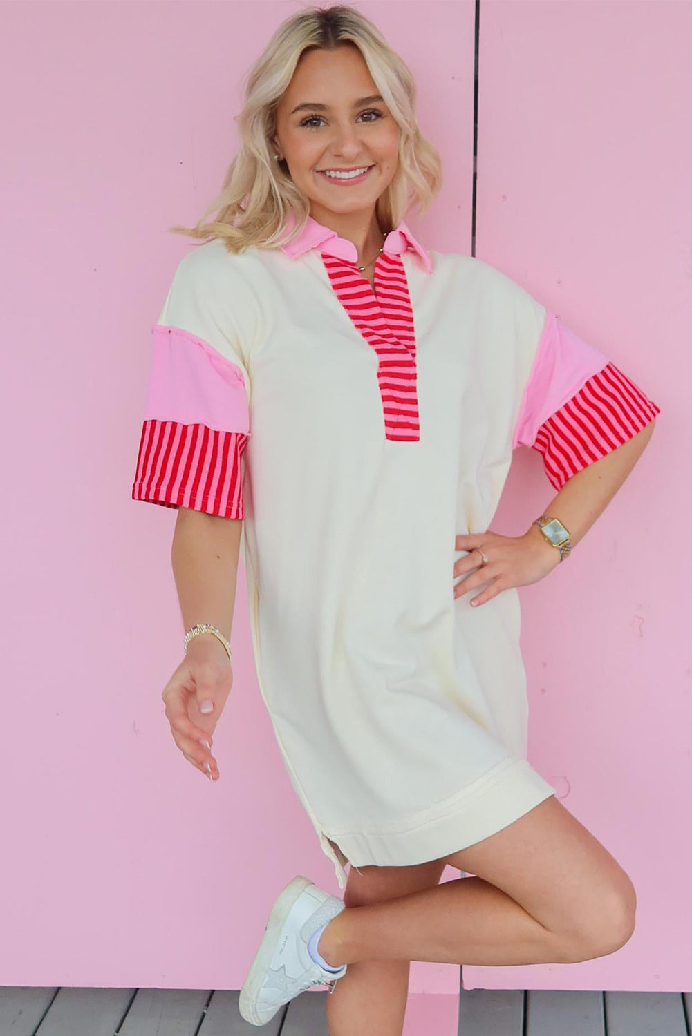 White Stripe Colorblock Sleeve Collared Mini Dress