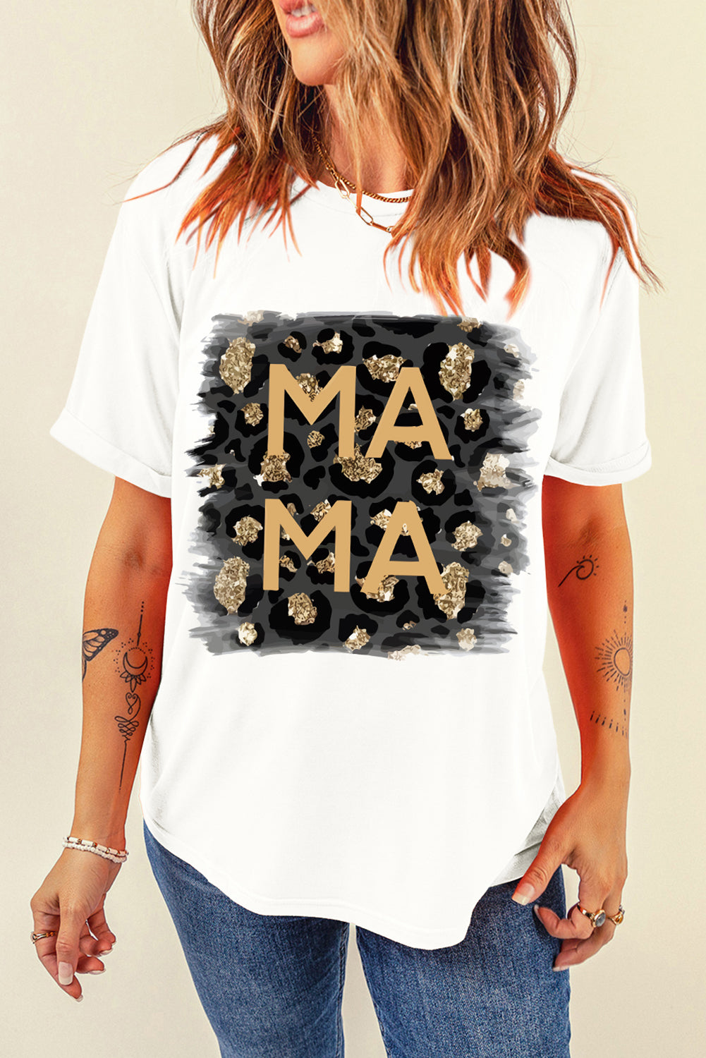 White Casual MAMA Leopard Graphic Color Block Crew Neck Tee