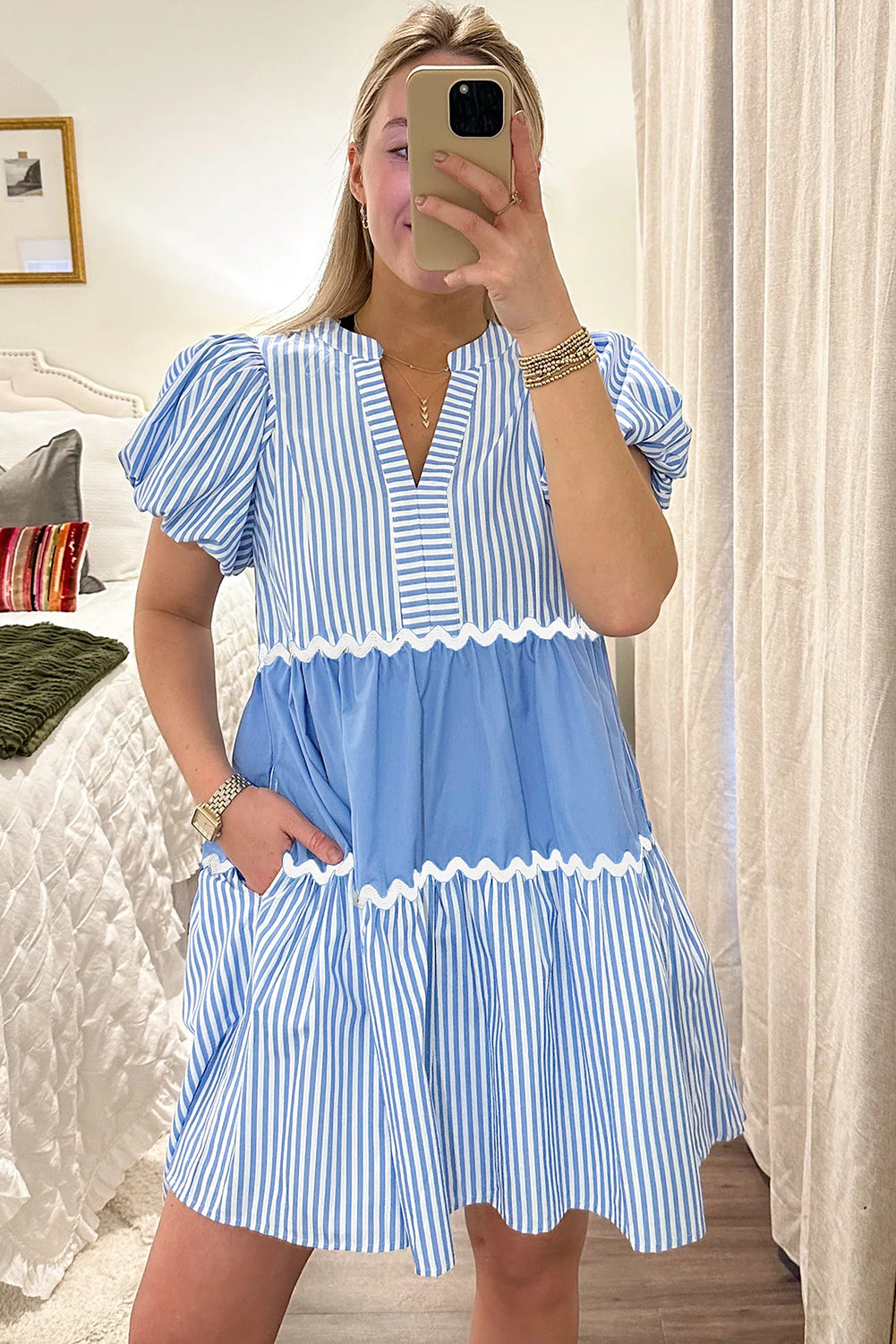 Sky Blue Striped Patchwork Puff Sleeve Pocketed Mini Dress