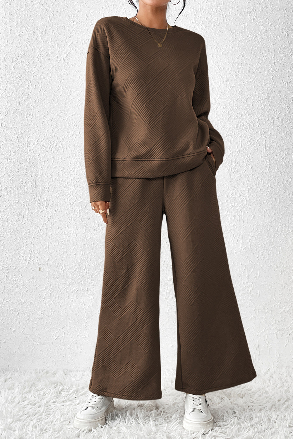 Beige Textured Loose Slouchy Long Sleeve Top and Pants Set