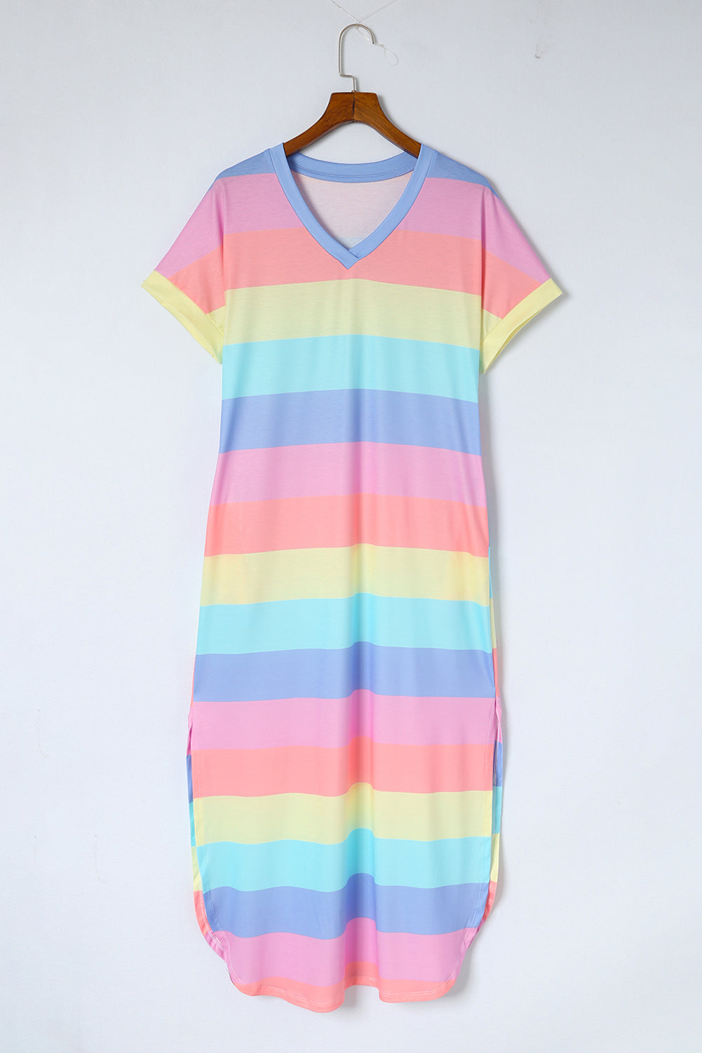 Multicolor Striped Side Split Pockets V Neck Maxi Shirt Dress