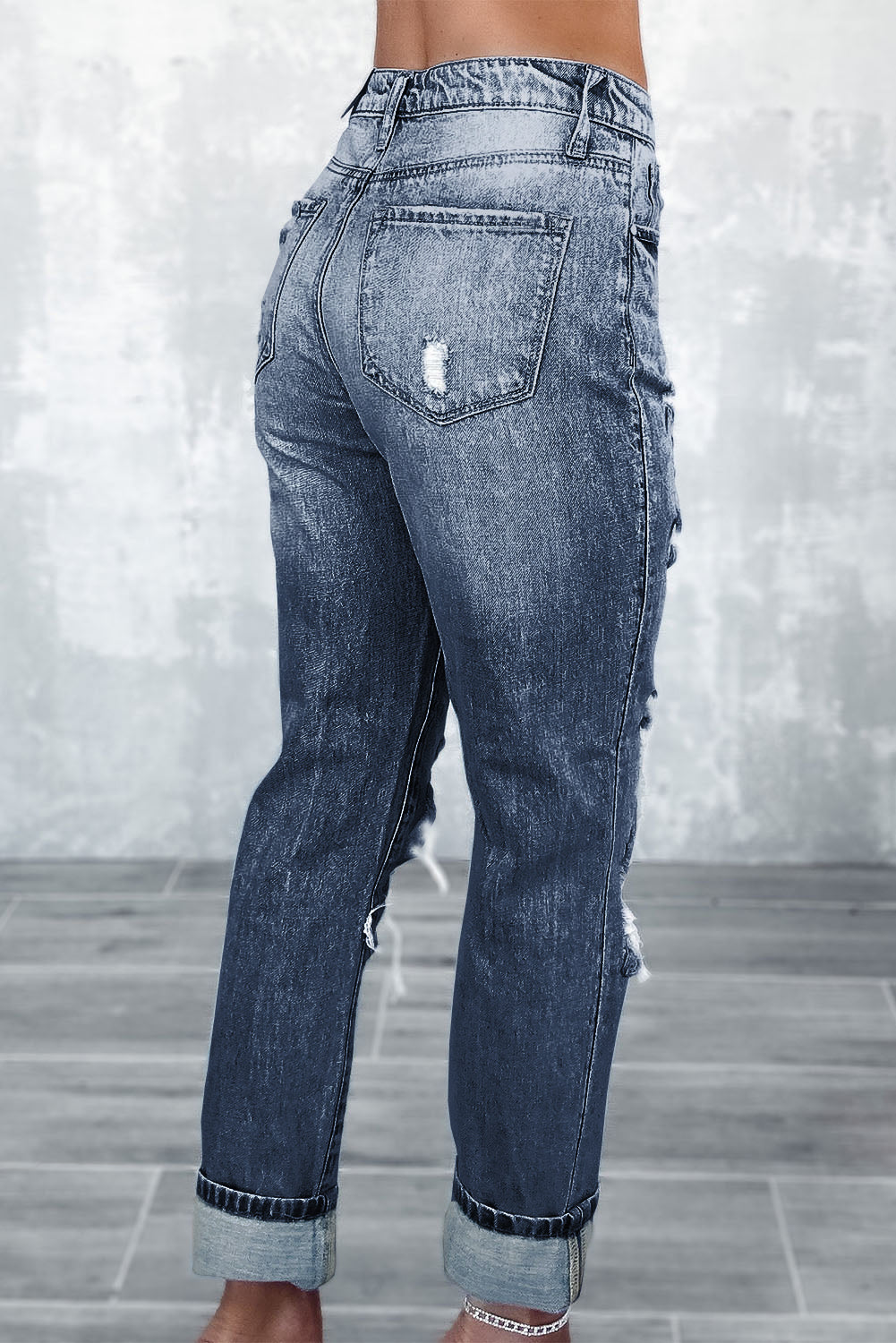 Sky Blue Light Wash Frayed Slim Fit High Waist Jeans