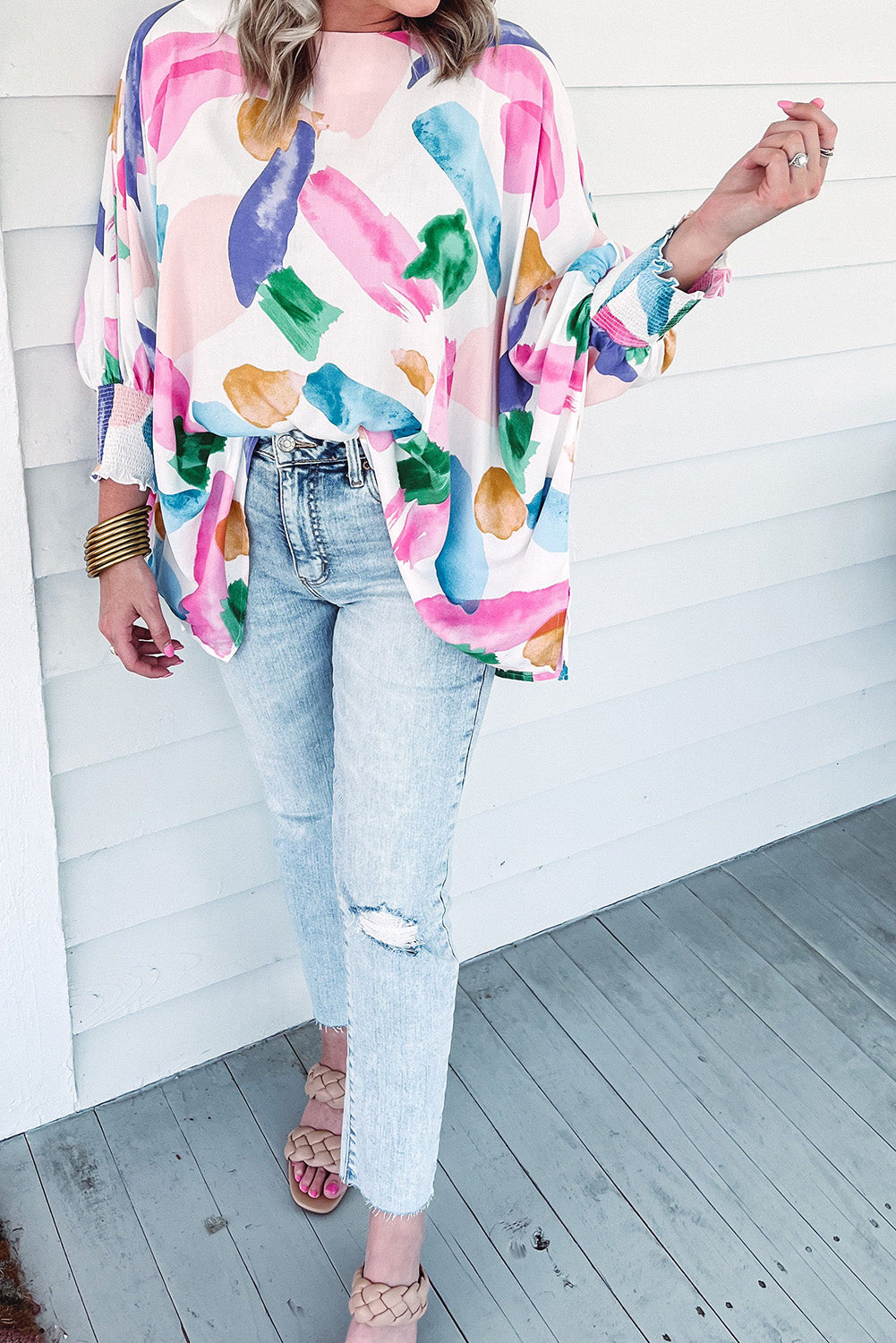 Multicolor Abstract Print Shirred Dolman Sleeve Oversized Blouse