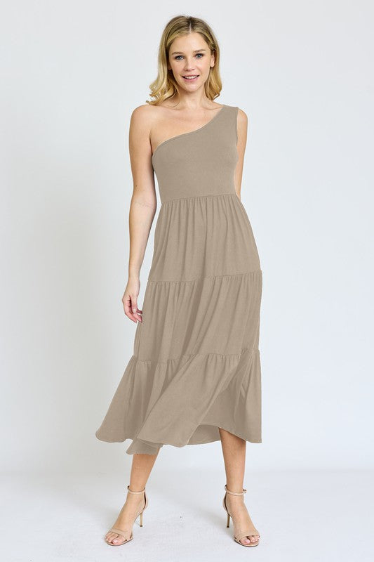 One Shoulder Ruffle Midi Dress