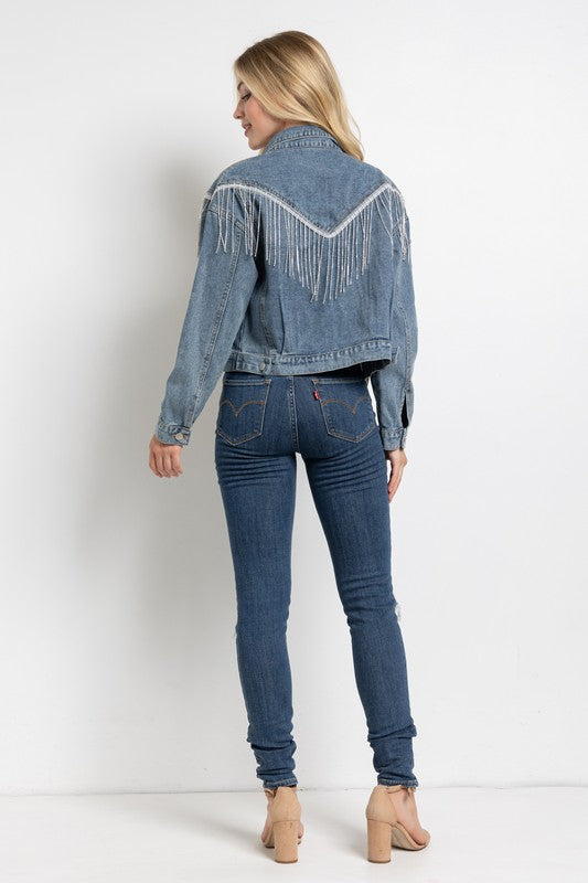 CROP DENIM JACKET WITH RHINESTONE FRINGE