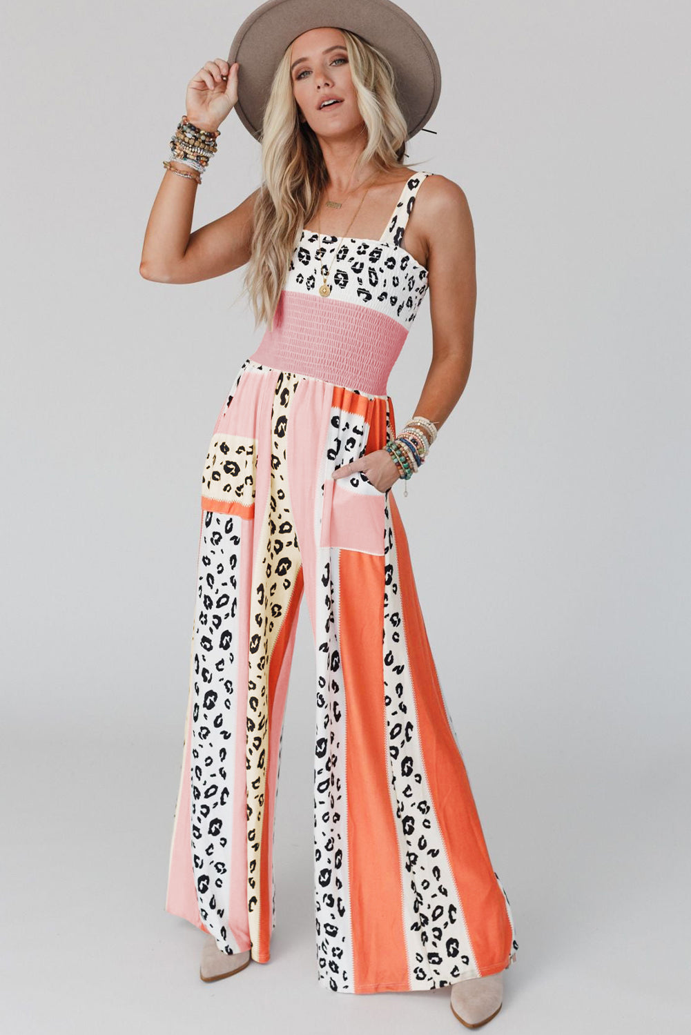 Red Leopard Color Block Mix Print Straps Jumpsuit