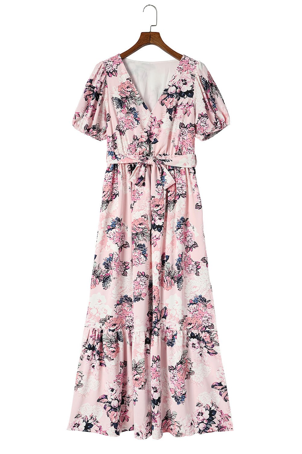 Wholesale Pink Floral Print Wrap V Neck Belted Side Slit Puff Sleeve Dress