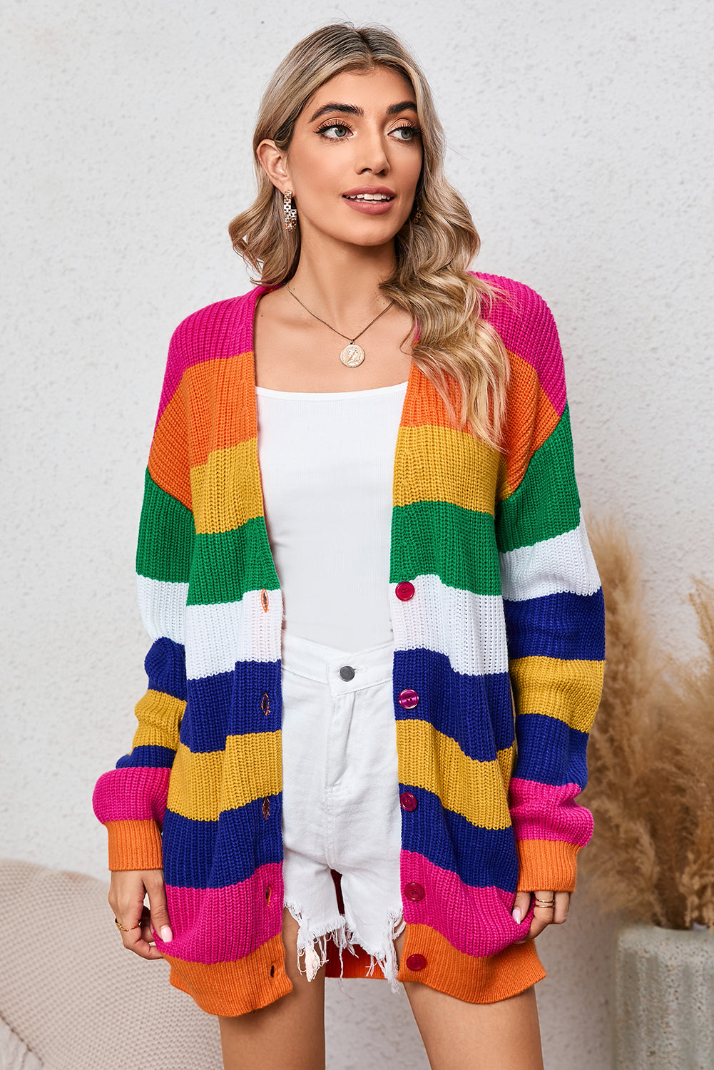 Multicolor Striped Print Button Front Knitted Long Cardigan