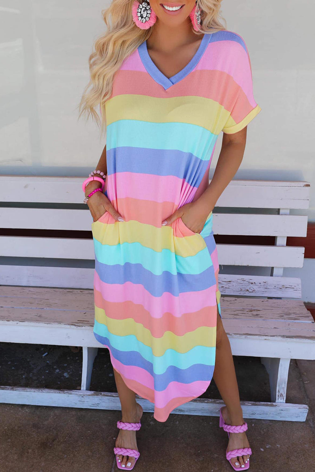 Multicolor Striped Side Split Pockets V Neck Maxi Shirt Dress