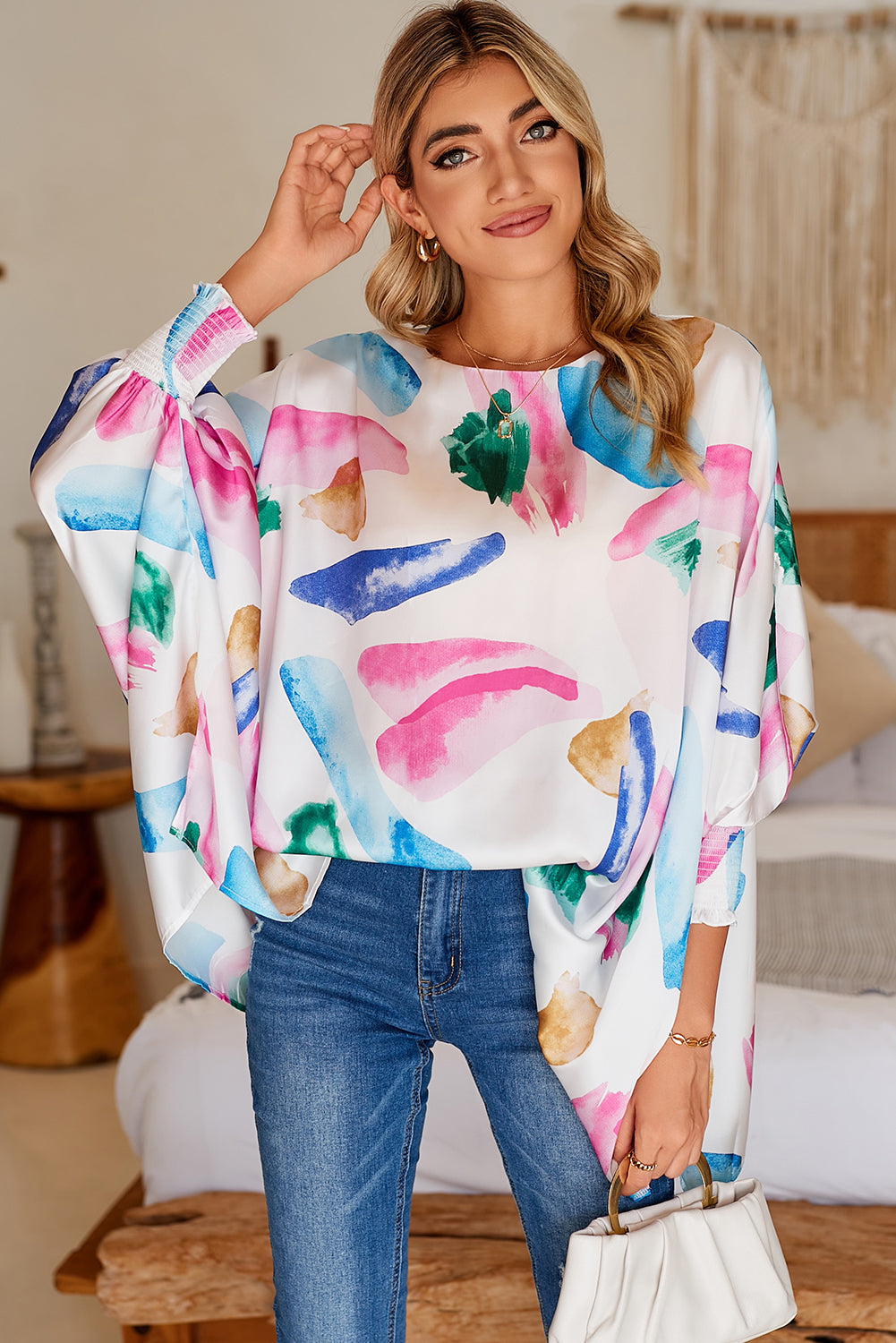 Multicolor Abstract Print Shirred Dolman Sleeve Oversized Blouse